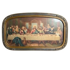 Vintage Last Supper Framed Lithograph Print Gold Tone Oval Ornate Frame